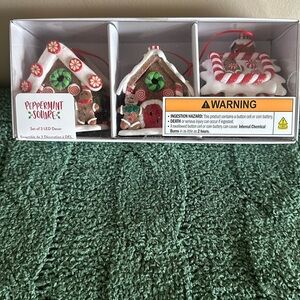 Peppermint Square Mini Holiday Gingerbread Ornaments Houses Light Up NEW